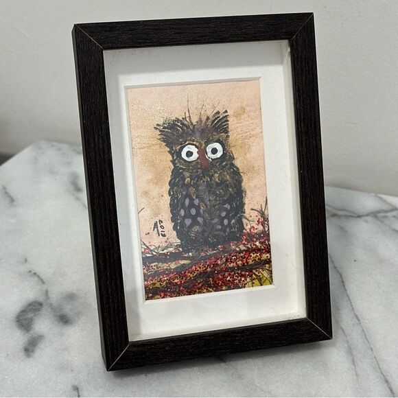 Framed Owl Art Painting signed - Black and Brown - Picture 6 of 13